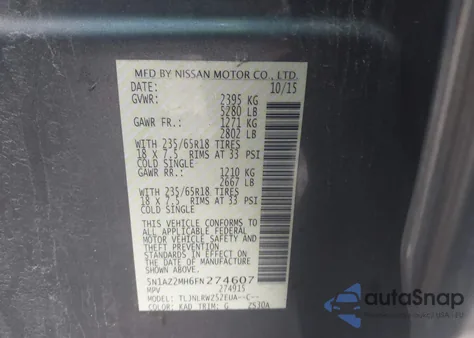 2015 Nissan Murano Sl z USA, uszkodzony, nr VIN 5N1AZ2MH6FN274607